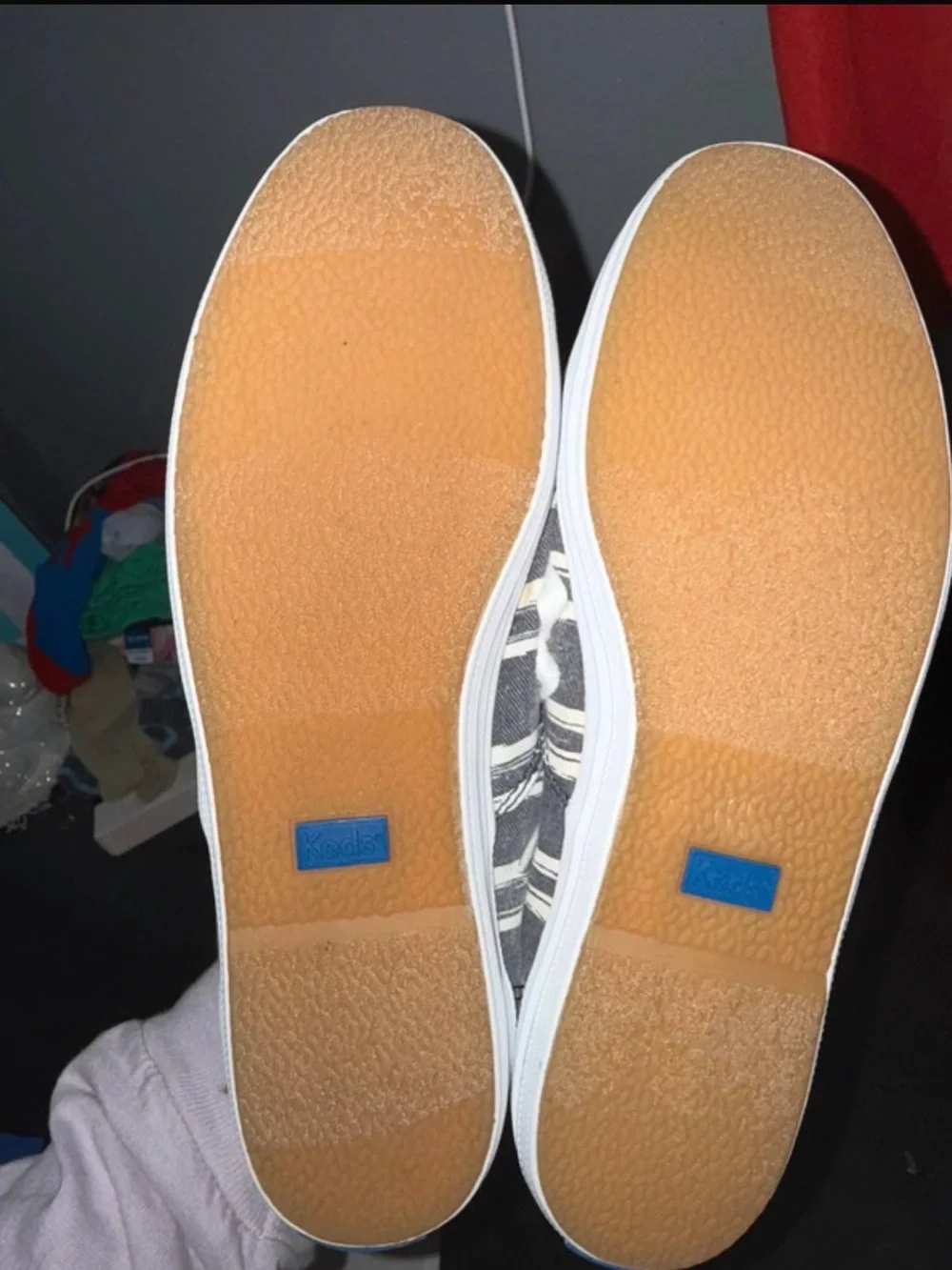 Keds Navy and White Striped Canvas Sneakers with Tan Trim
